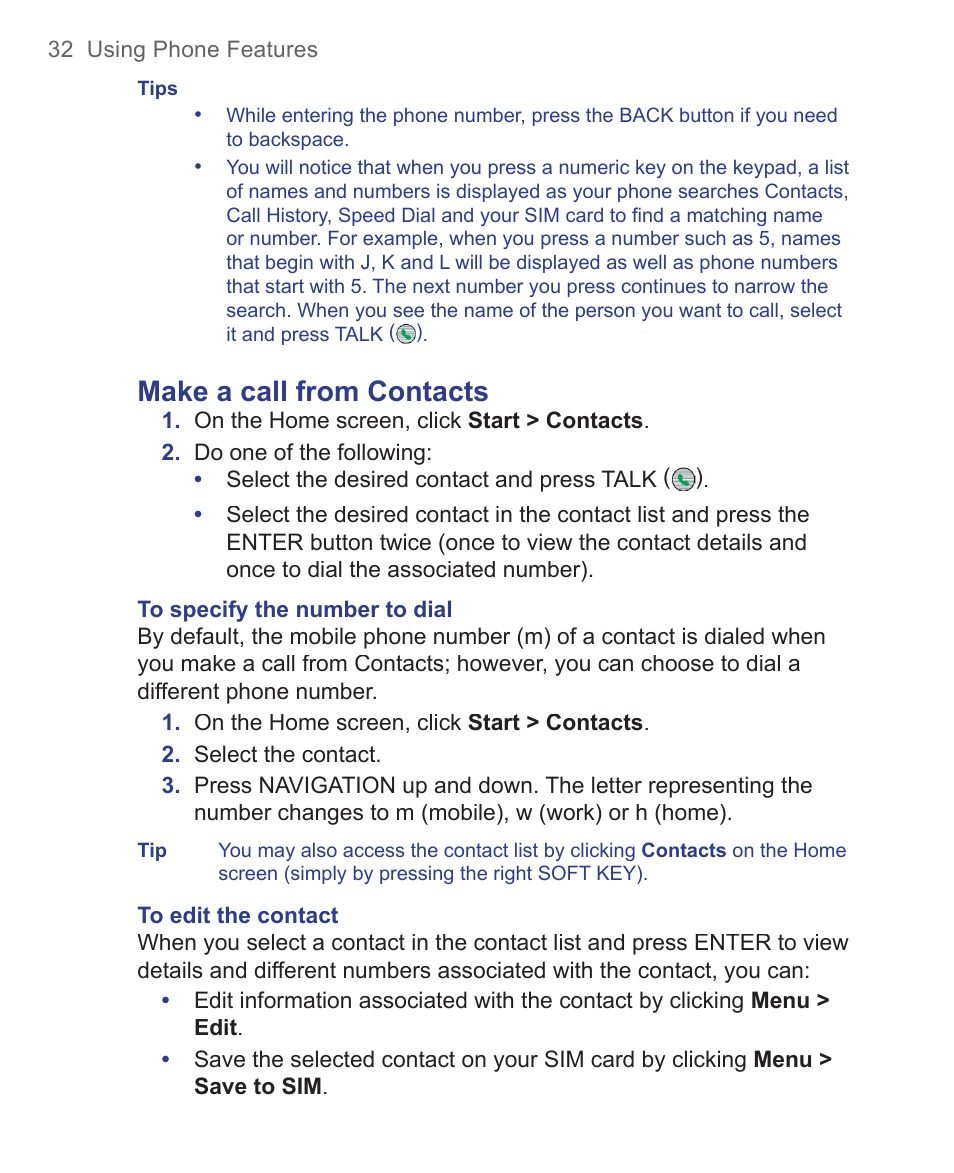 Make a call from contacts | HTC 3125 User Manual | Page 32 / 169
