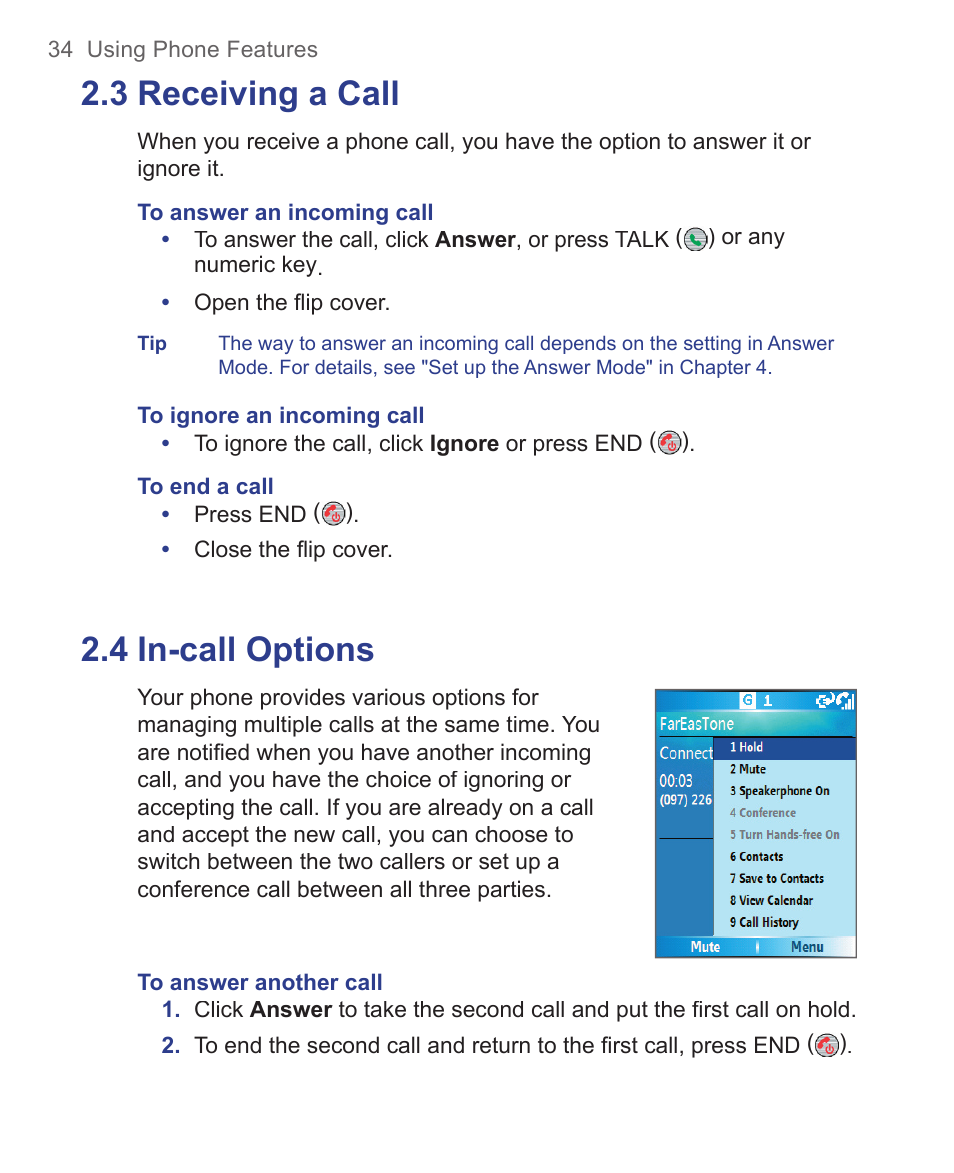 3 receiving a call, 4 in-call options | HTC 3125 User Manual | Page 34 / 169