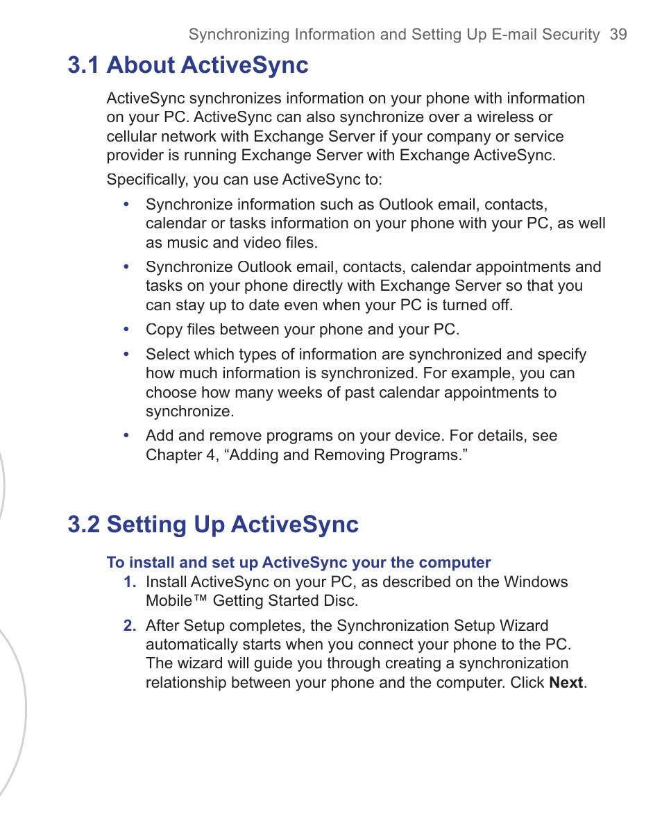 1 about activesync, 2 setting up activesync | HTC 3125 User Manual | Page 39 / 169