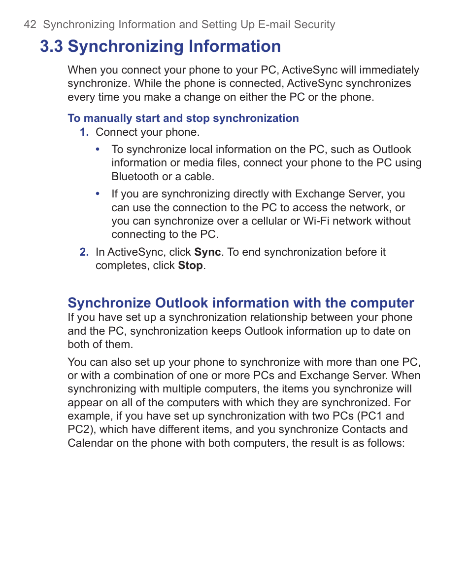 3 synchronizing information, Synchronize outlook information with the computer | HTC 3125 User Manual | Page 42 / 169