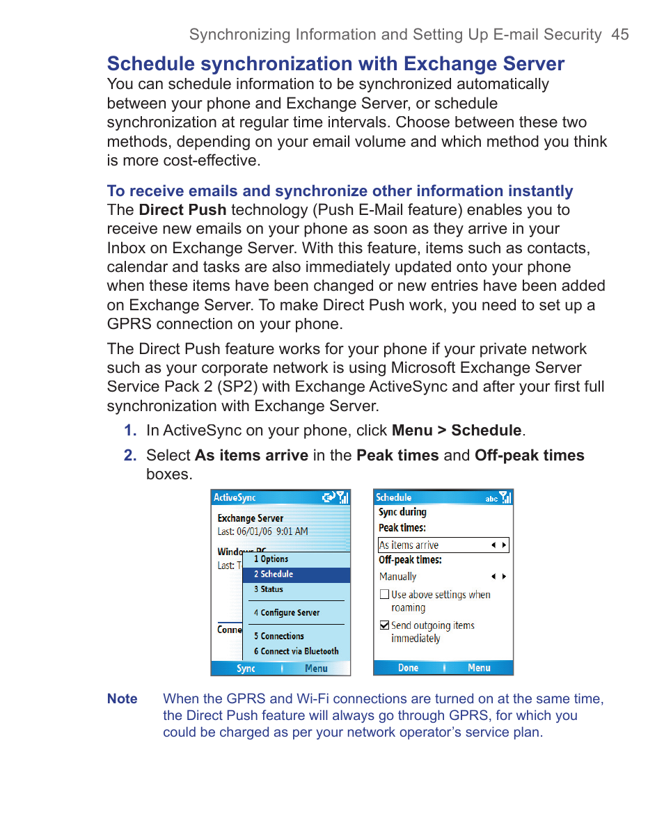 Schedule synchronization with exchange server | HTC 3125 User Manual | Page 45 / 169