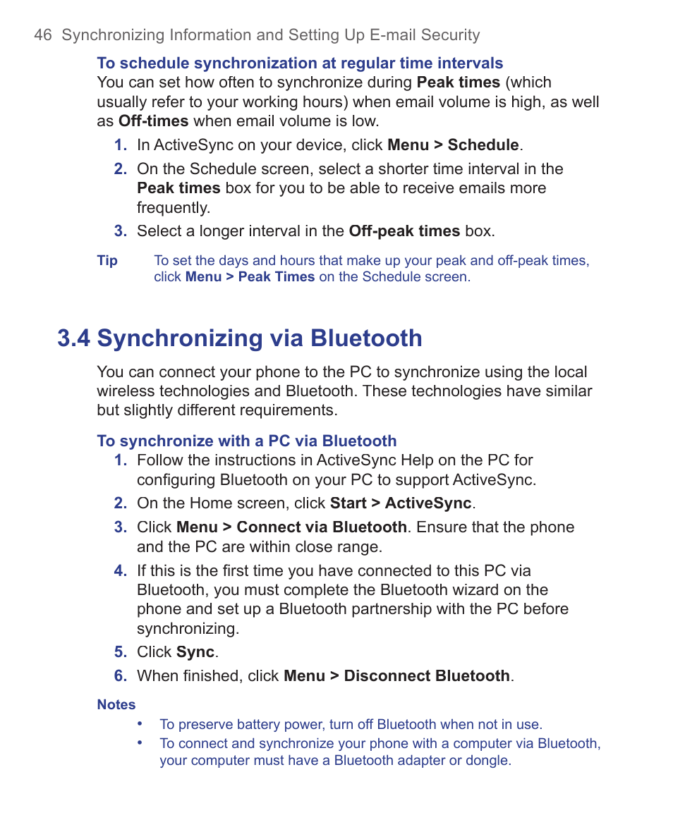 4 synchronizing via bluetooth | HTC 3125 User Manual | Page 46 / 169