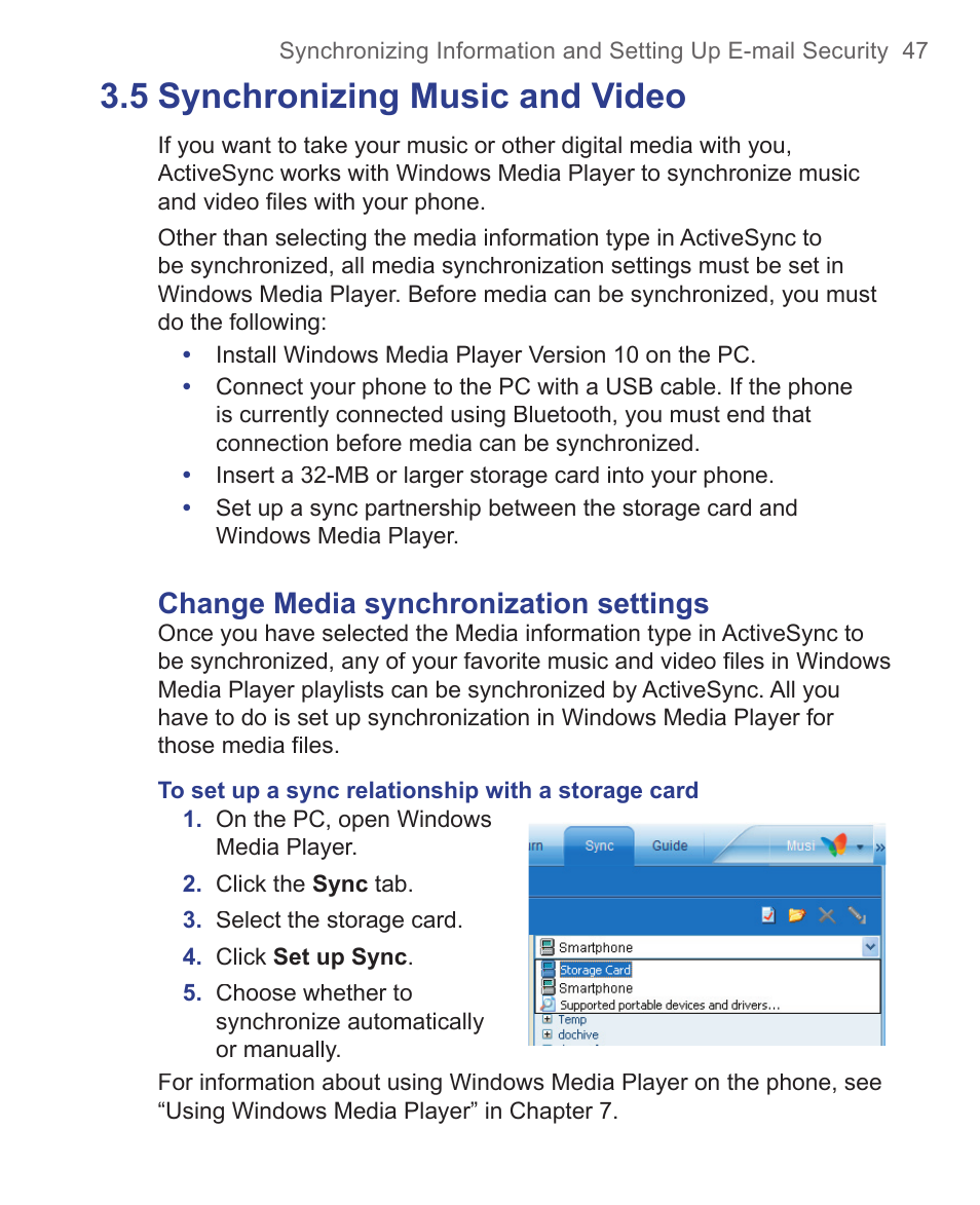 5 synchronizing music and video, Change media synchronization settings | HTC 3125 User Manual | Page 47 / 169
