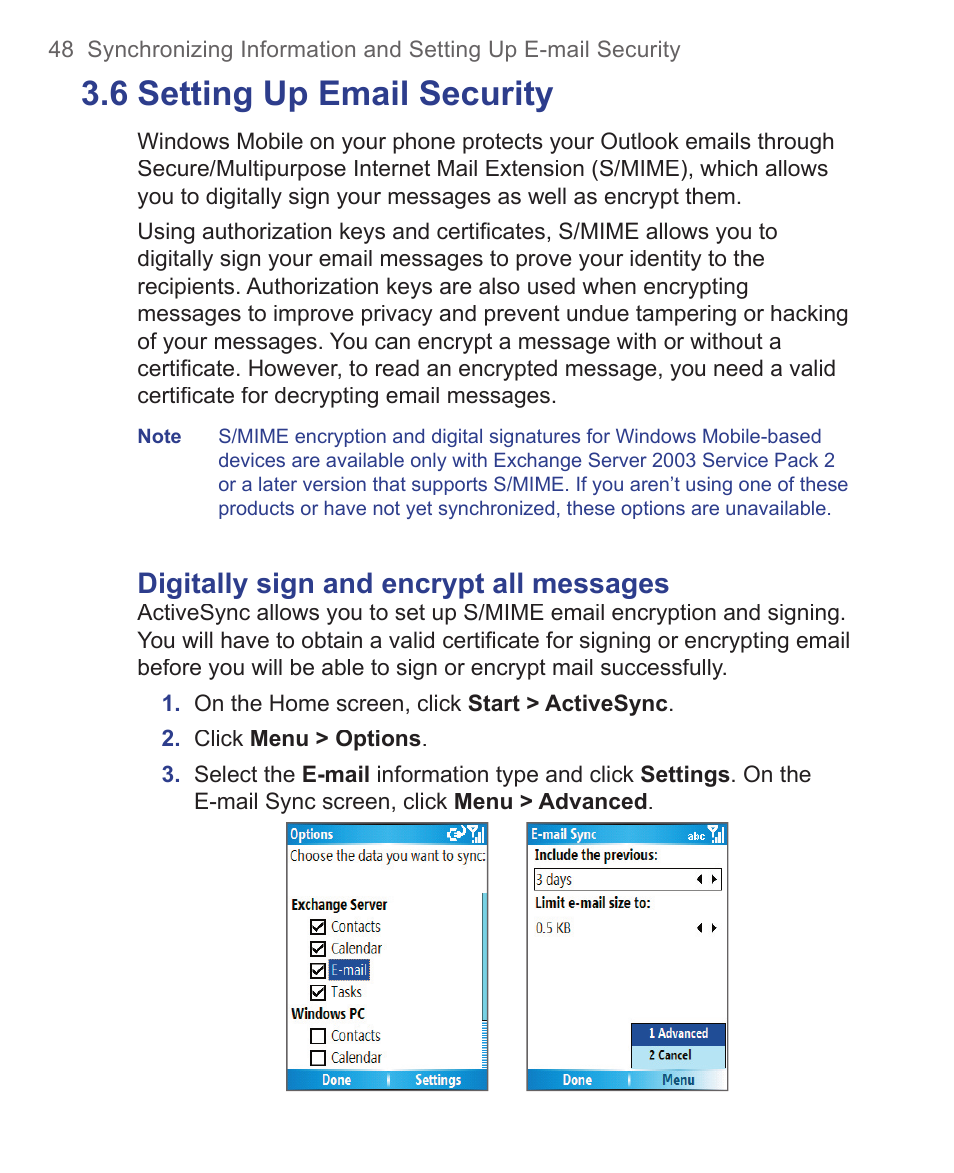 6 setting up e-mail security, 6 setting up email security, Digitally sign and encrypt all messages | HTC 3125 User Manual | Page 48 / 169