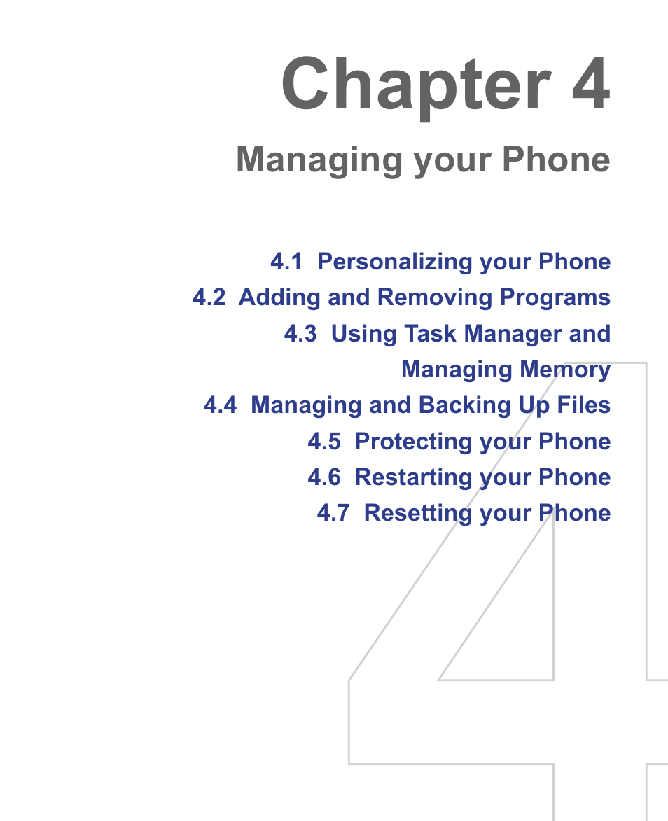 Chapter 4, Managing your phone | HTC 3125 User Manual | Page 50 / 169