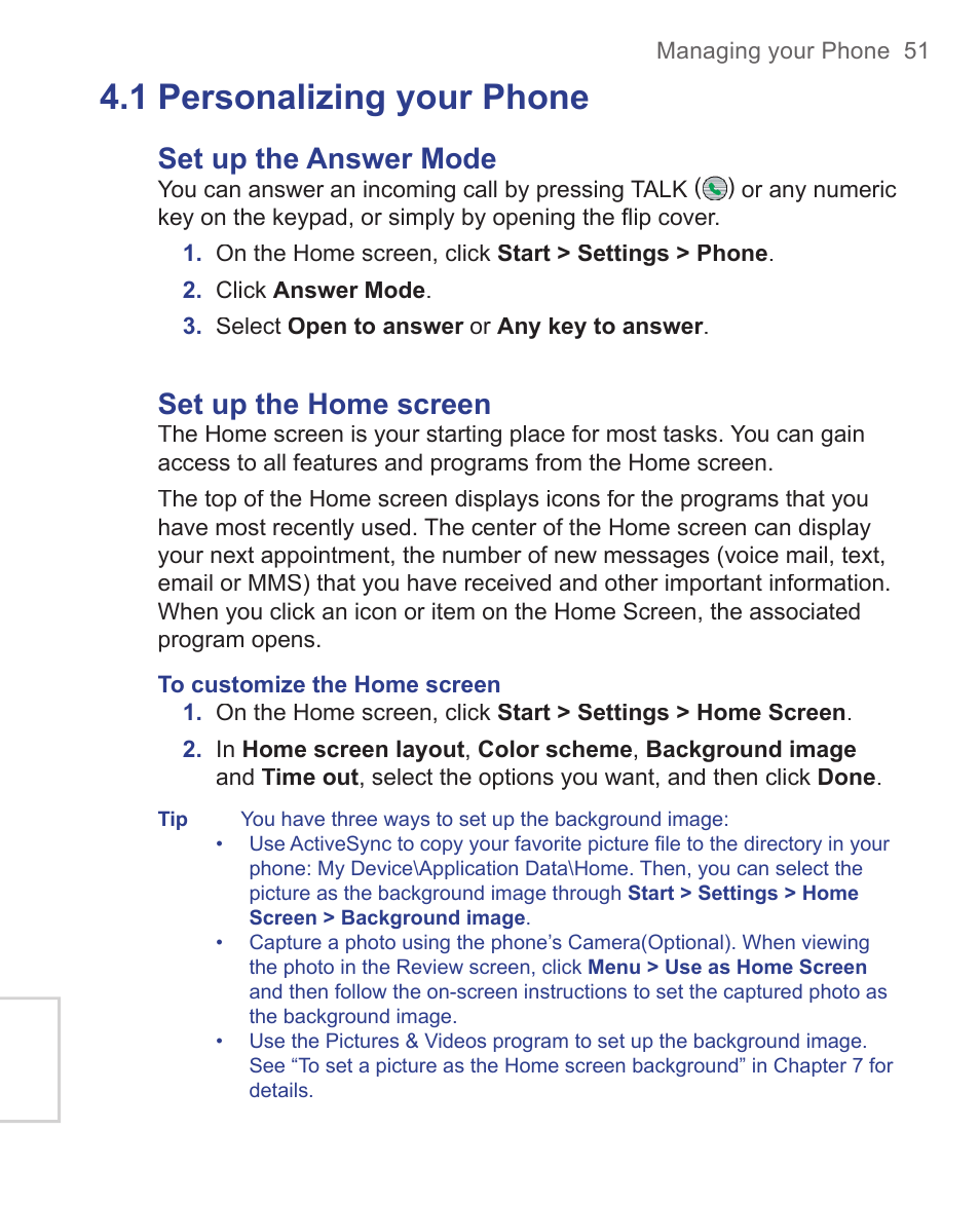 1 personalizing your phone, Set up the answer mode, Set up the home screen | HTC 3125 User Manual | Page 51 / 169