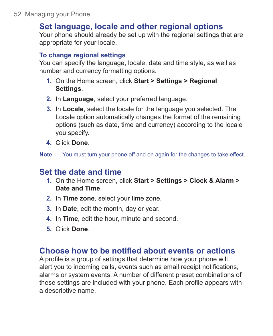 Set language , locale and other regional options, Set the date and time, Choose how to be notified about events or actions | HTC 3125 User Manual | Page 52 / 169