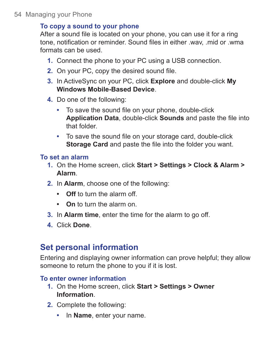 Set personal information | HTC 3125 User Manual | Page 54 / 169