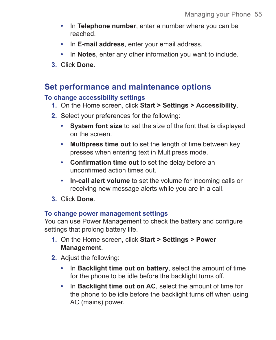 Set performance and maintenance options | HTC 3125 User Manual | Page 55 / 169