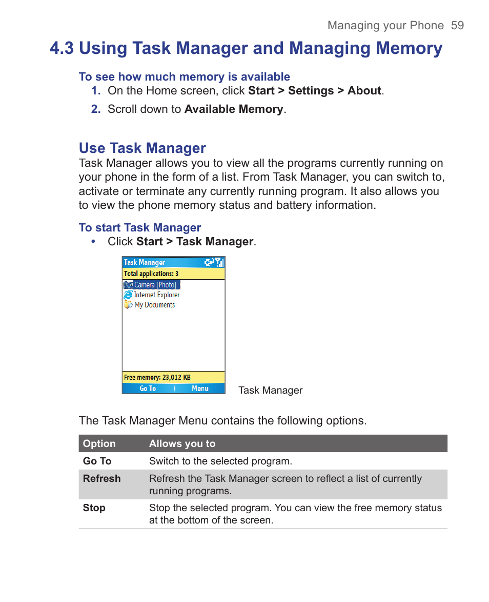 Use task manager | HTC 3125 User Manual | Page 59 / 169