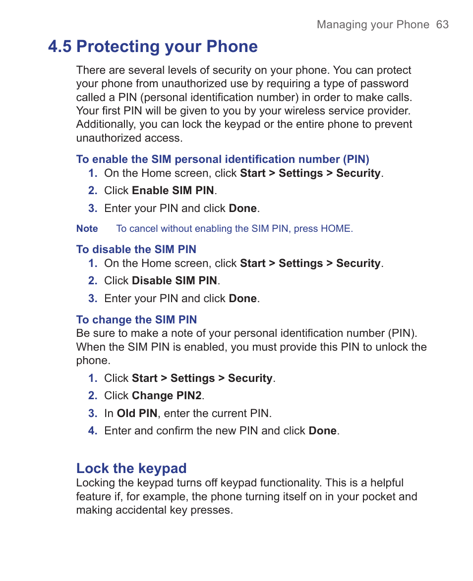 5 protecting your phone, Lock the keypad | HTC 3125 User Manual | Page 63 / 169