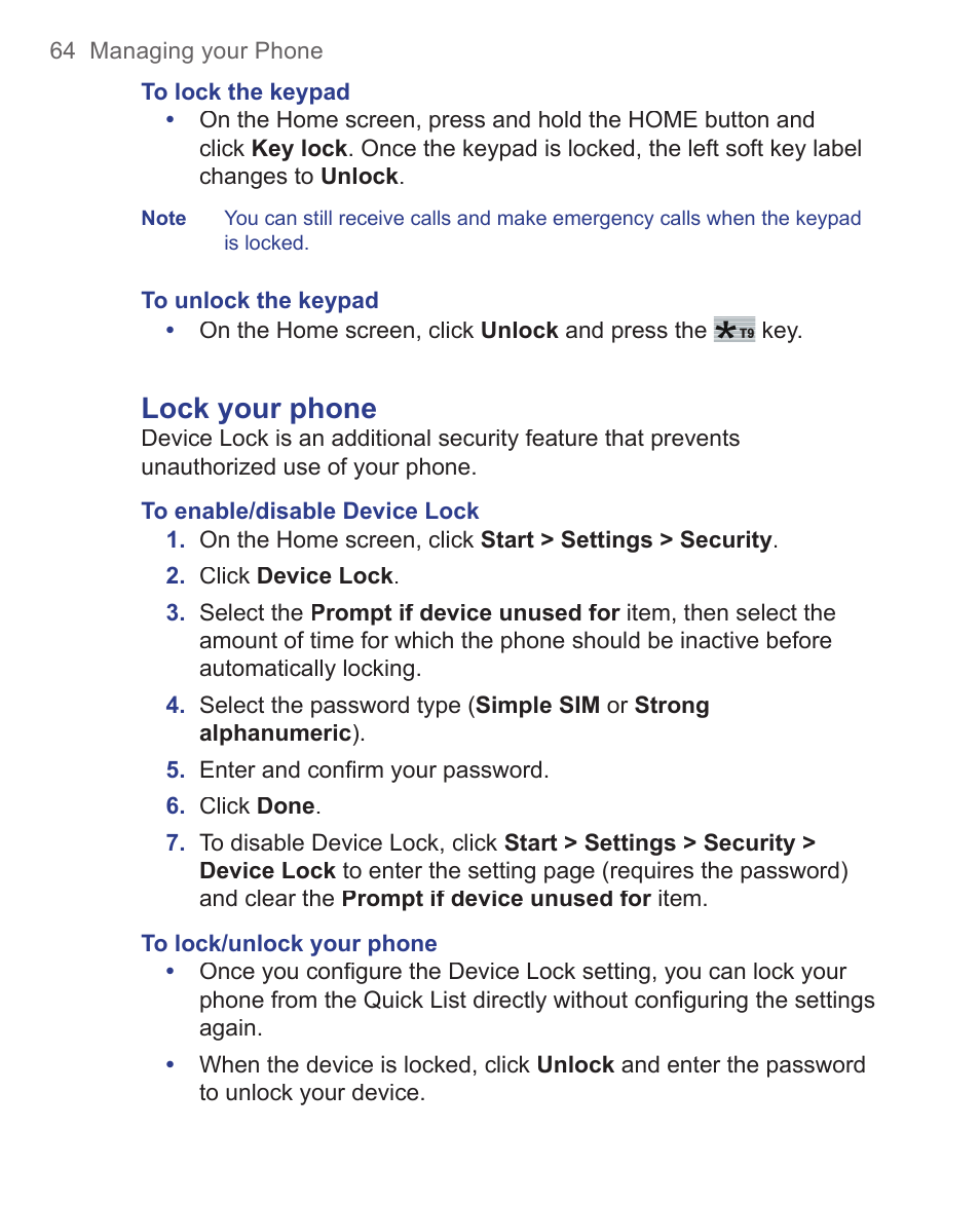 Lock your phone | HTC 3125 User Manual | Page 64 / 169