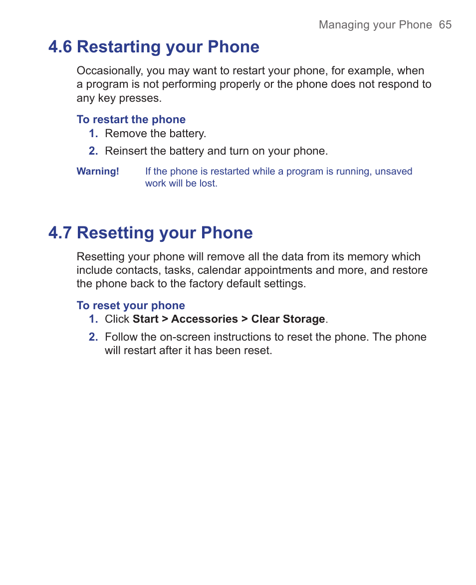 6 restarting your phone, 7 resetting your phone | HTC 3125 User Manual | Page 65 / 169