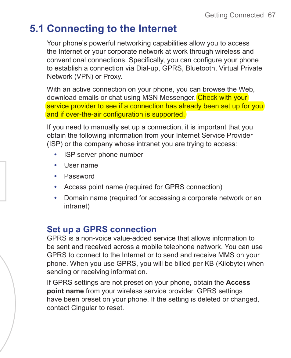 1 connecting to the internet, Set up a gprs connection | HTC 3125 User Manual | Page 67 / 169