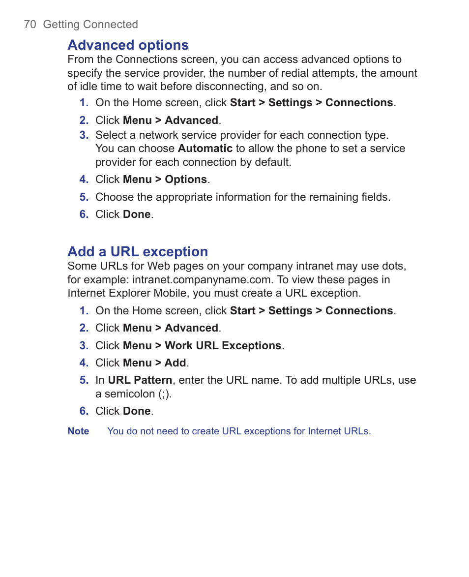Advanced options, Add a url exception | HTC 3125 User Manual | Page 70 / 169