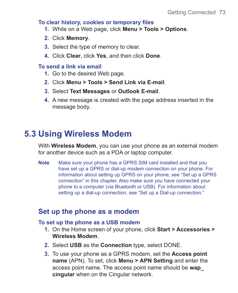 3 using wireless modem, Set up the phone as a modem | HTC 3125 User Manual | Page 73 / 169