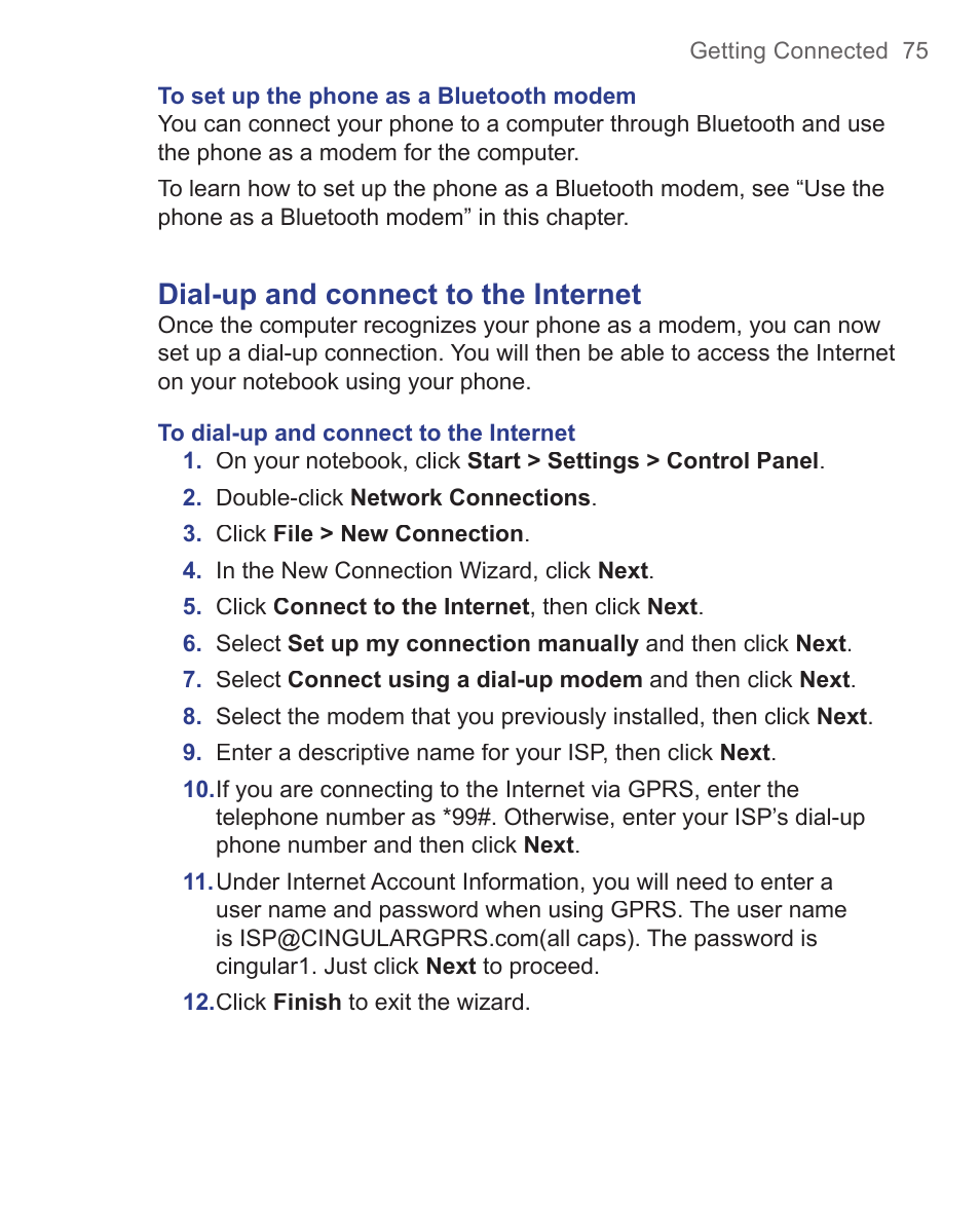 Dial-up and connect to the internet | HTC 3125 User Manual | Page 75 / 169