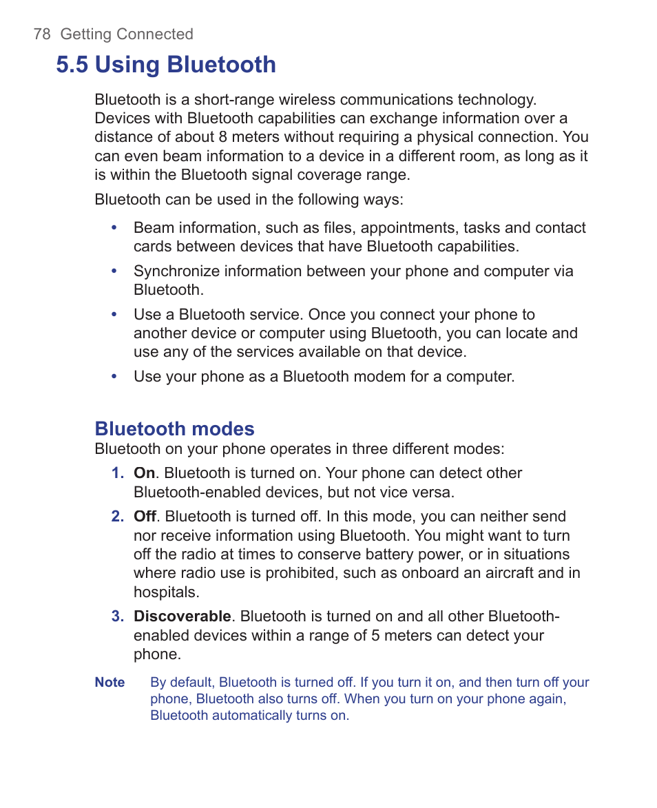 5 using bluetooth, Bluetooth modes | HTC 3125 User Manual | Page 78 / 169