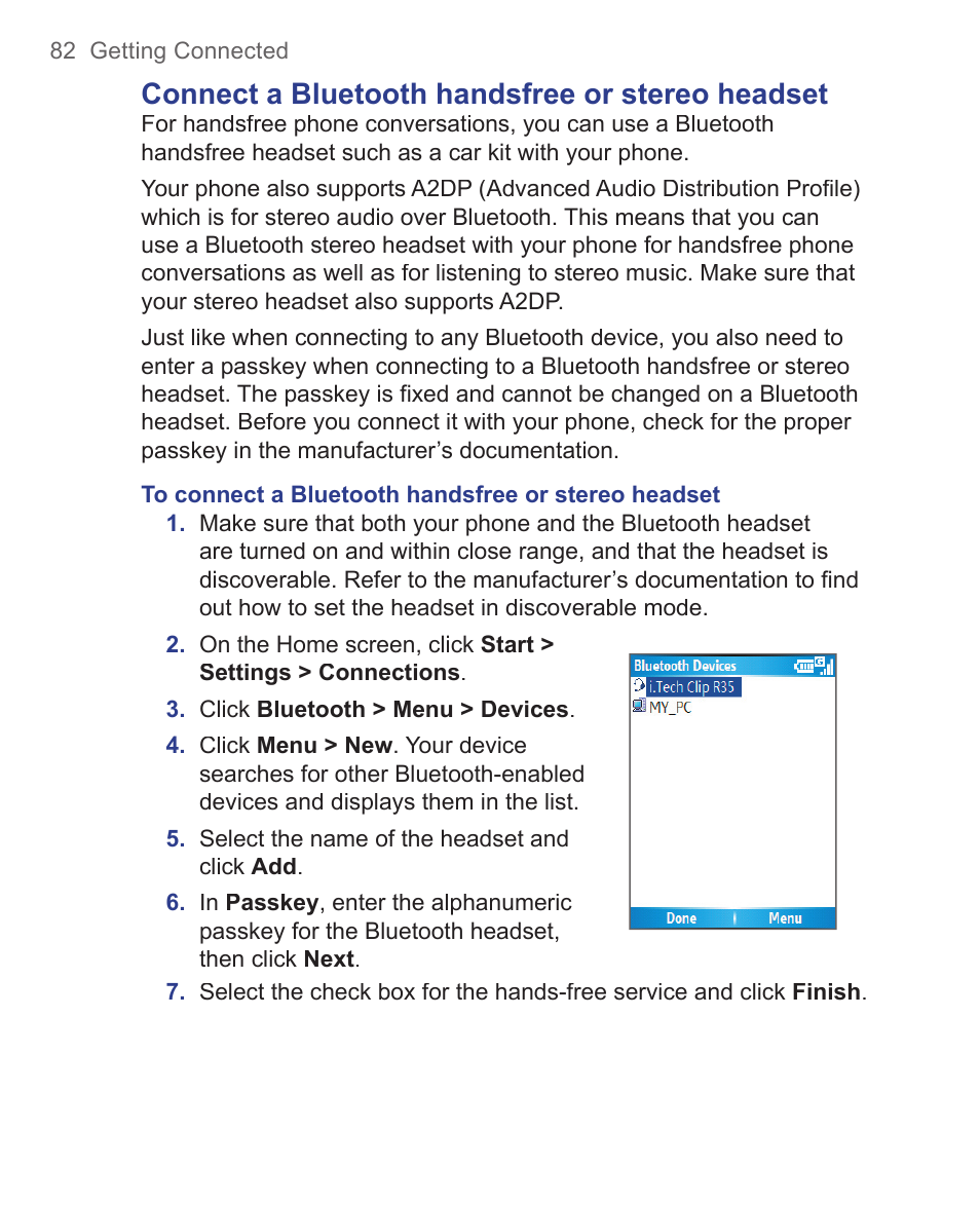 Connect a bluetooth handsfree or stereo headset | HTC 3125 User Manual | Page 82 / 169