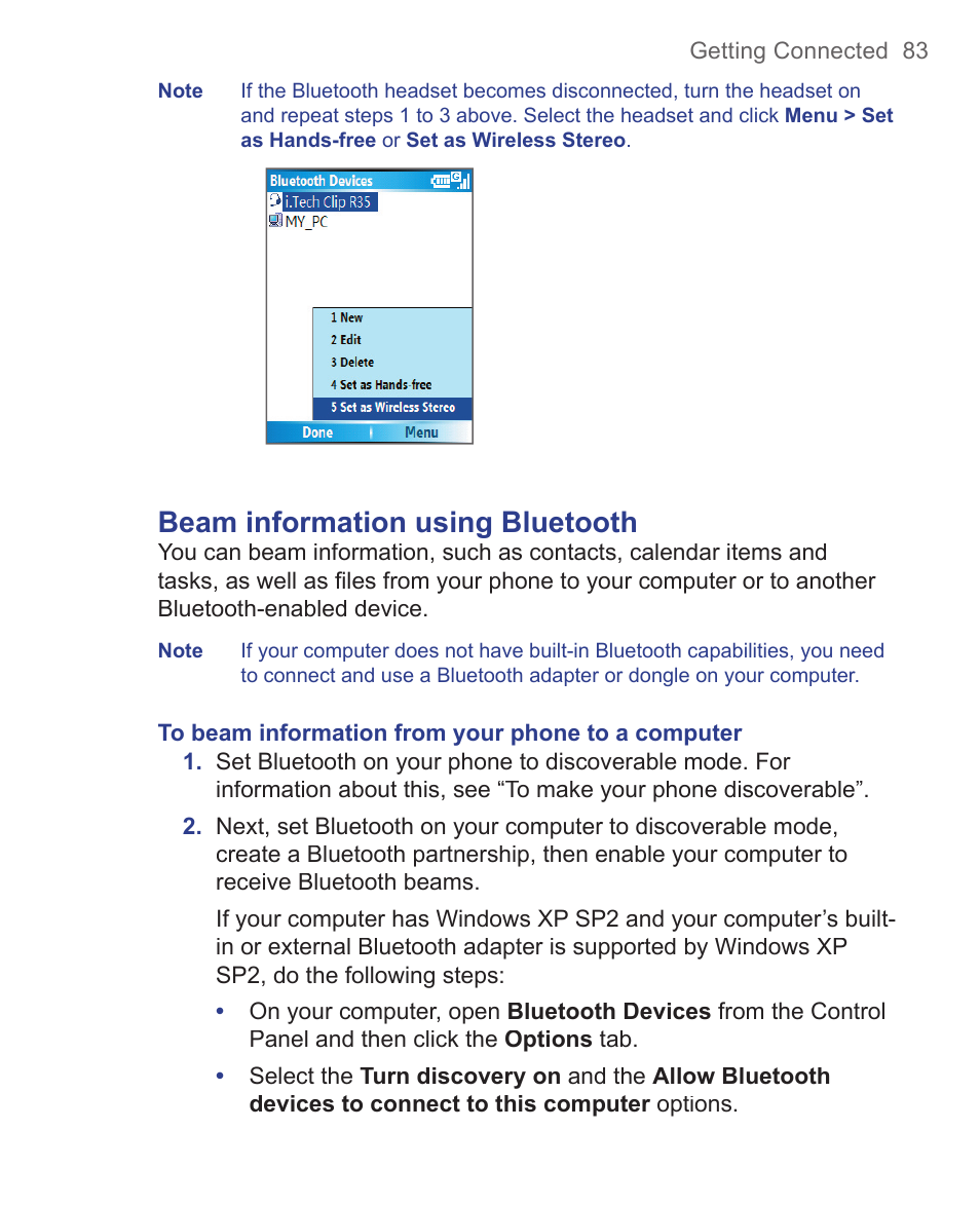 Beam information using bluetooth | HTC 3125 User Manual | Page 83 / 169