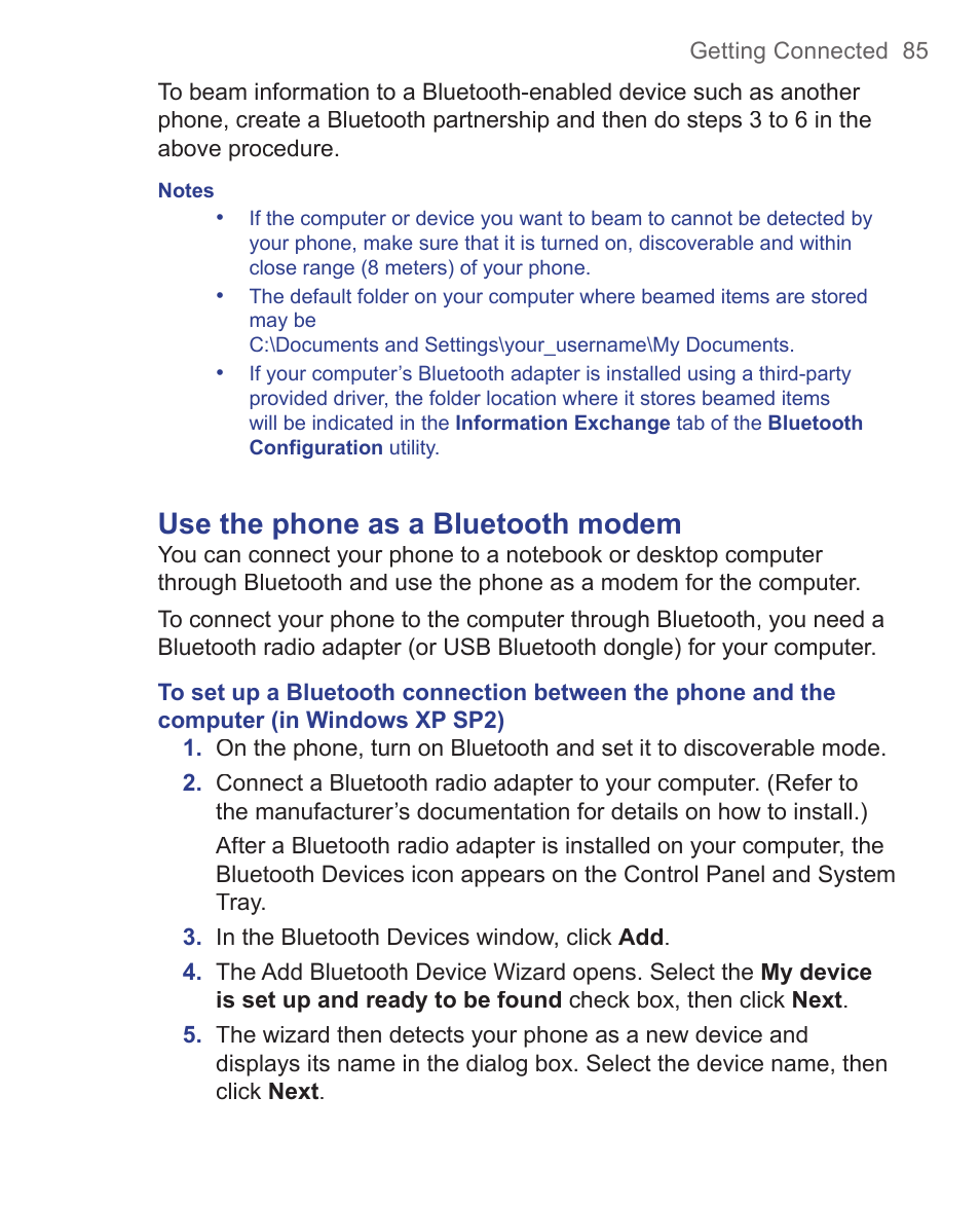 Use the phone as a bluetooth modem | HTC 3125 User Manual | Page 85 / 169