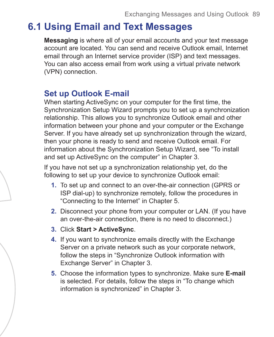 1 using e-mail and text messages, 1 using email and text messages, Set up outlook e-mail | HTC 3125 User Manual | Page 89 / 169