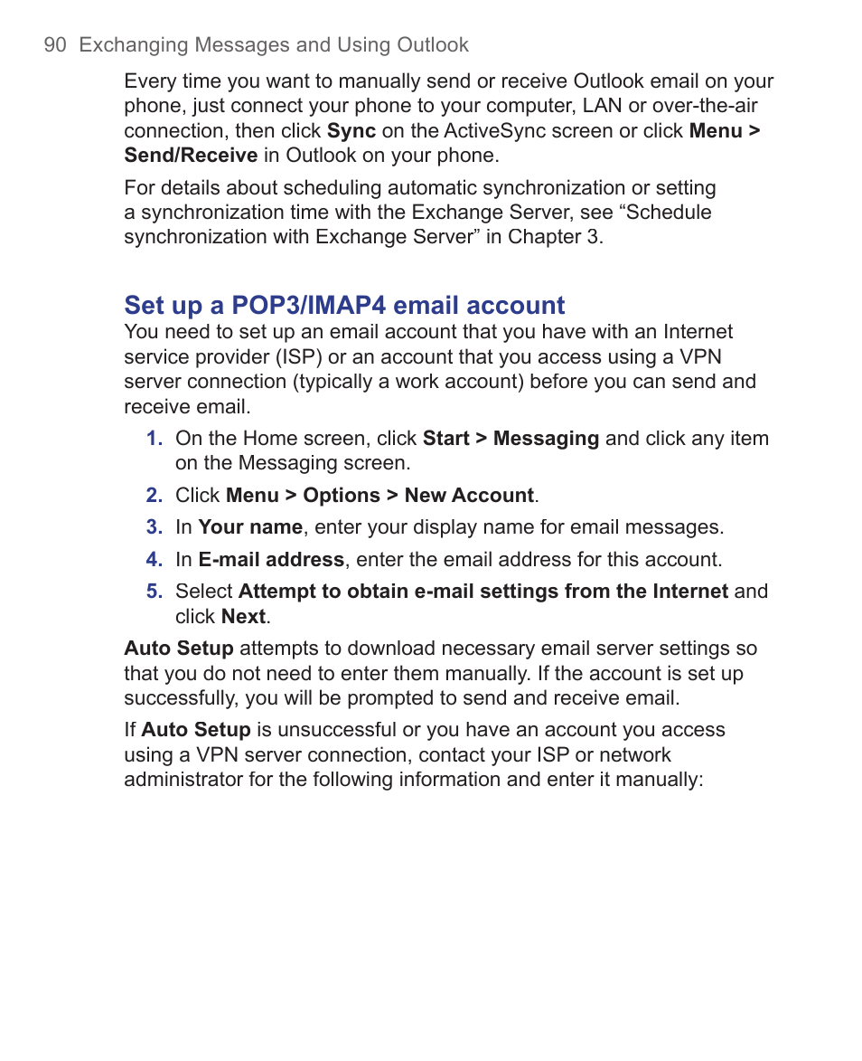 Set up a pop3/ imap4 email account | HTC 3125 User Manual | Page 90 / 169