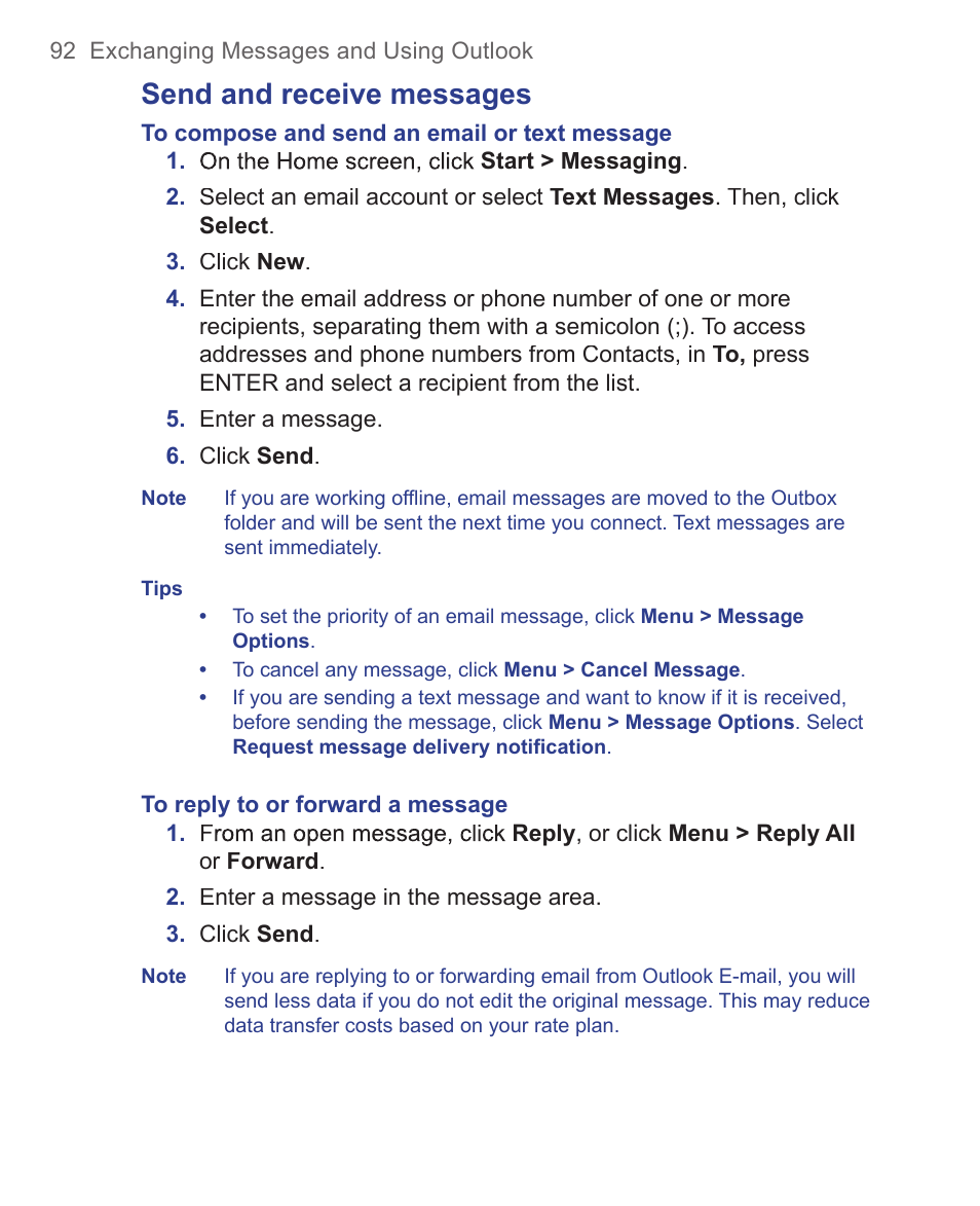 Send and receive messages | HTC 3125 User Manual | Page 92 / 169