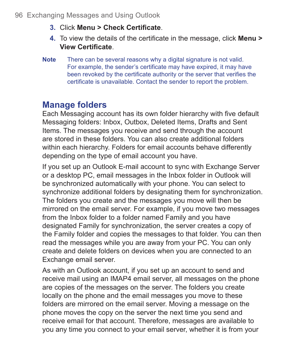 Manage folders | HTC 3125 User Manual | Page 96 / 169