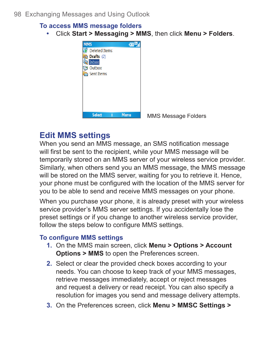 Edit mms settings | HTC 3125 User Manual | Page 98 / 169