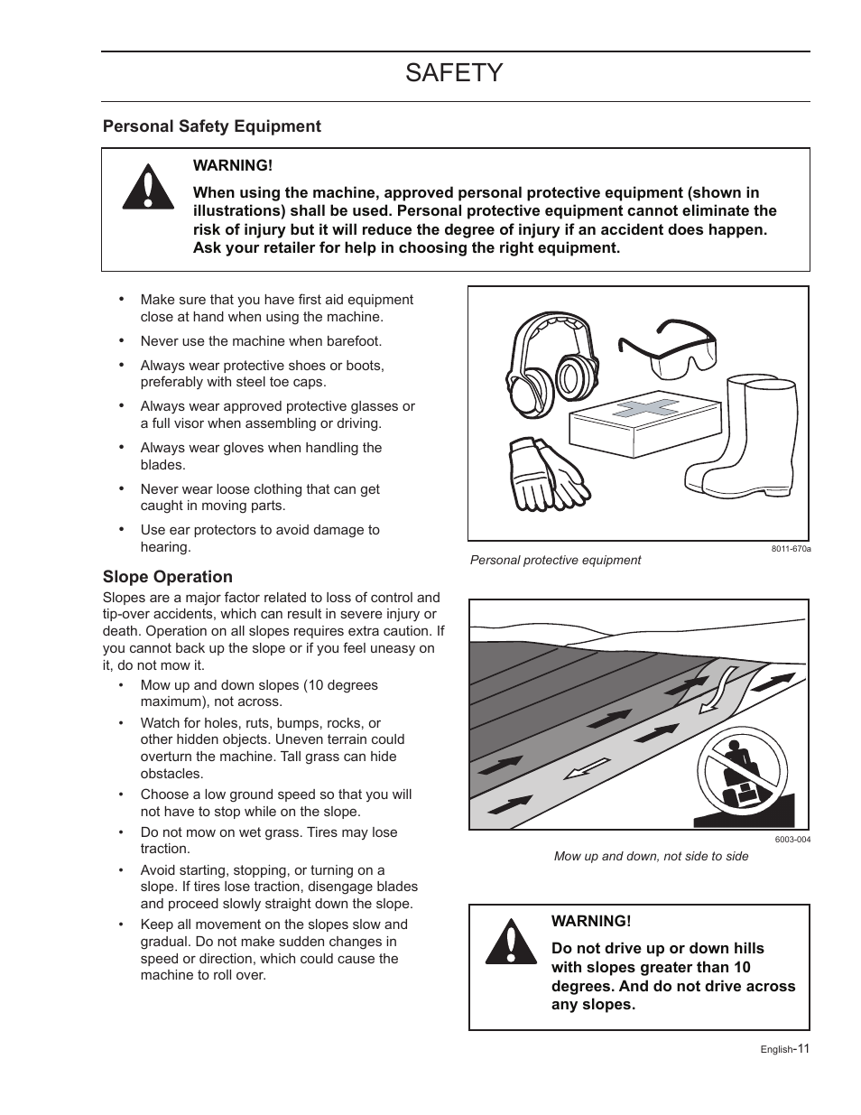 Personal safety equipment, Slope operation, Safety | HTC Z5426 User Manual | Page 11 / 76