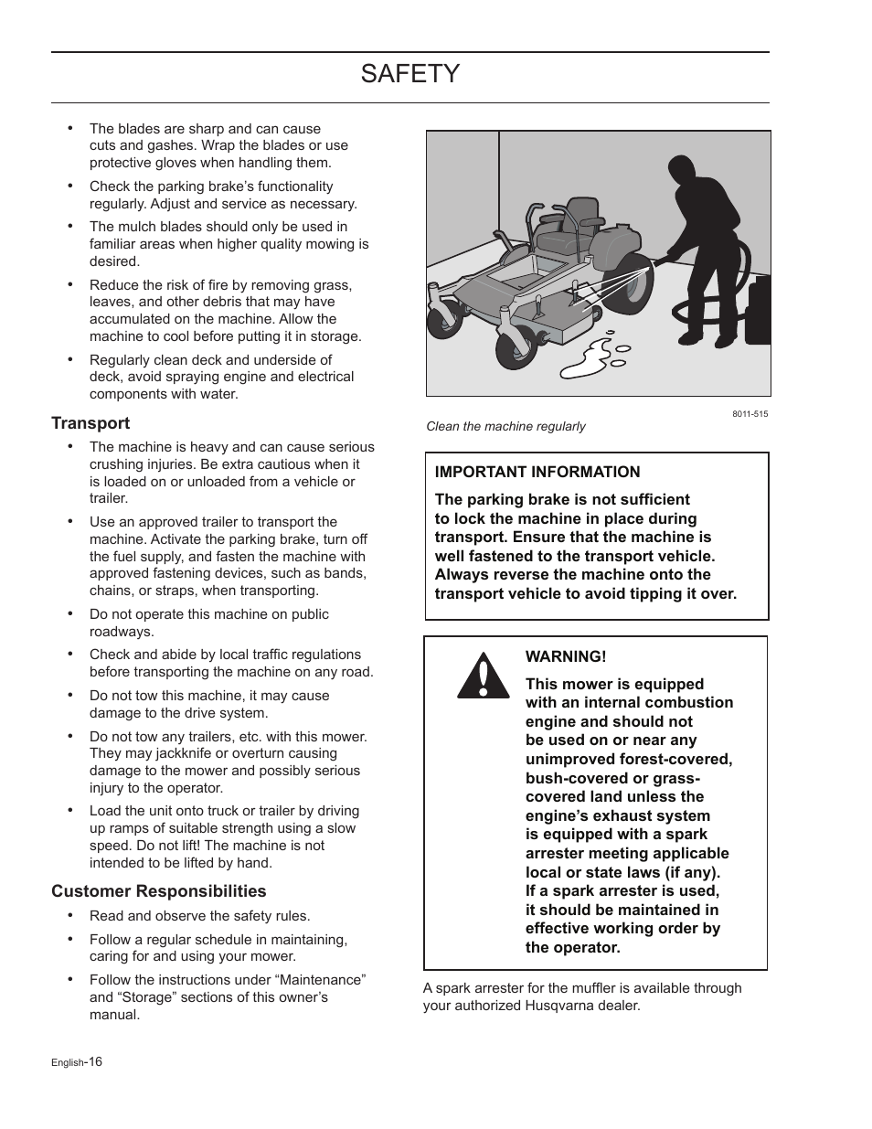 Transport, Customer responsibilities, Safety | HTC Z5426 User Manual | Page 16 / 76