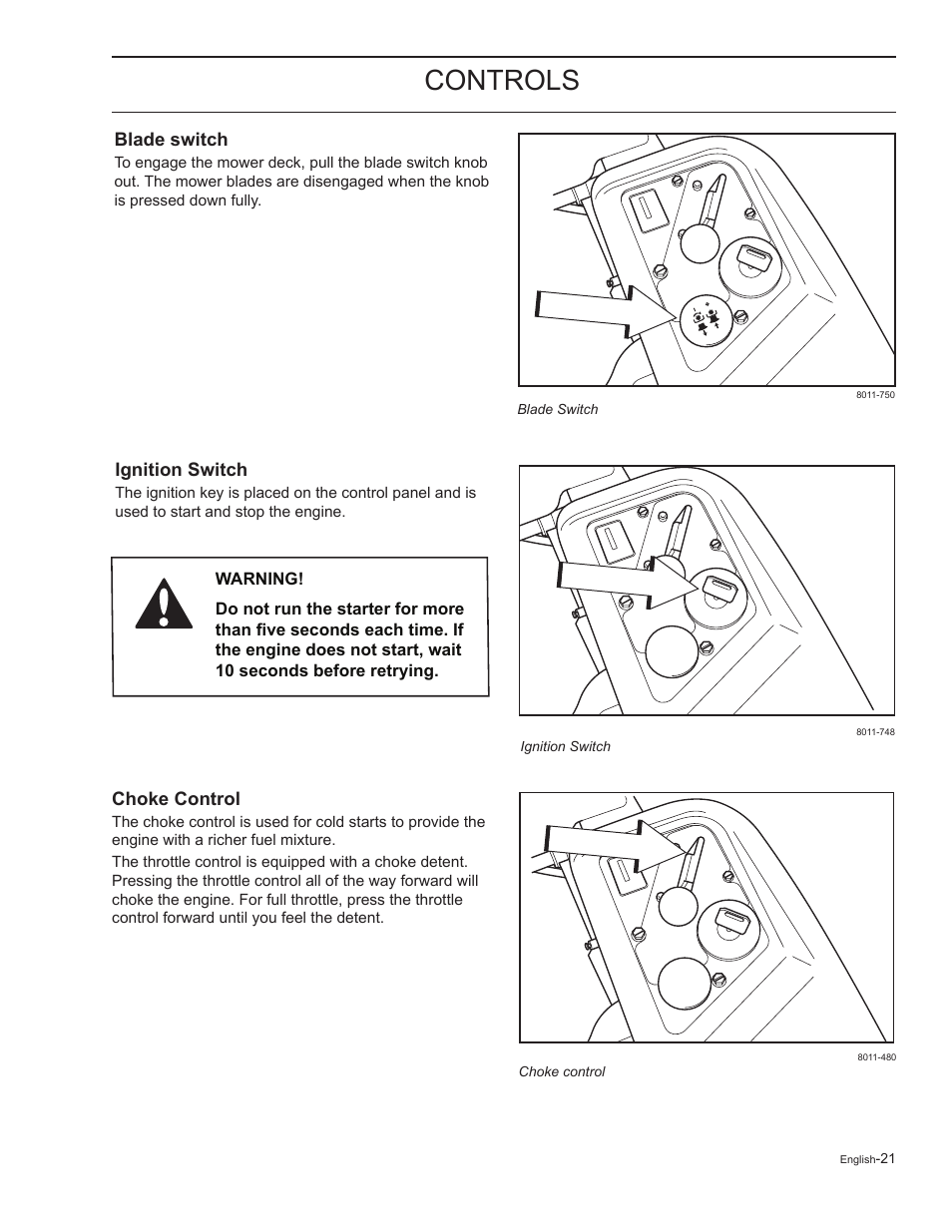 Blade switch, Ignition switch, Choke control | Controls | HTC Z5426 User Manual | Page 21 / 76