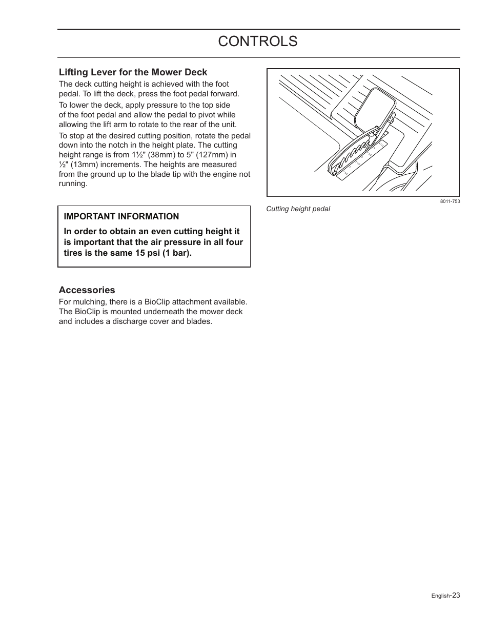 Accessories, Controls, Lifting lever for the mower deck | HTC Z5426 User Manual | Page 23 / 76