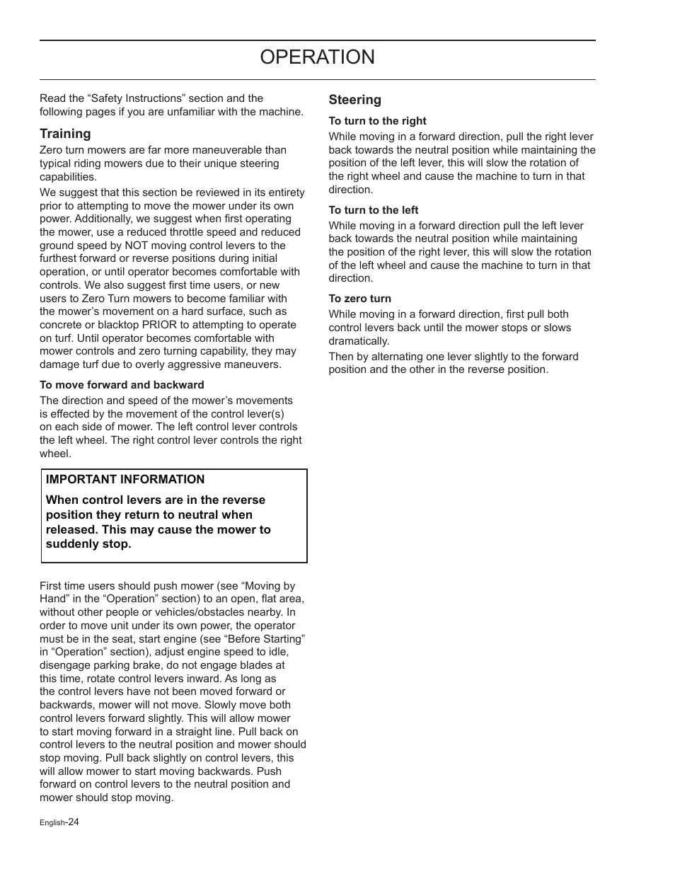 Training, Steering, Operation | HTC Z5426 User Manual | Page 24 / 76