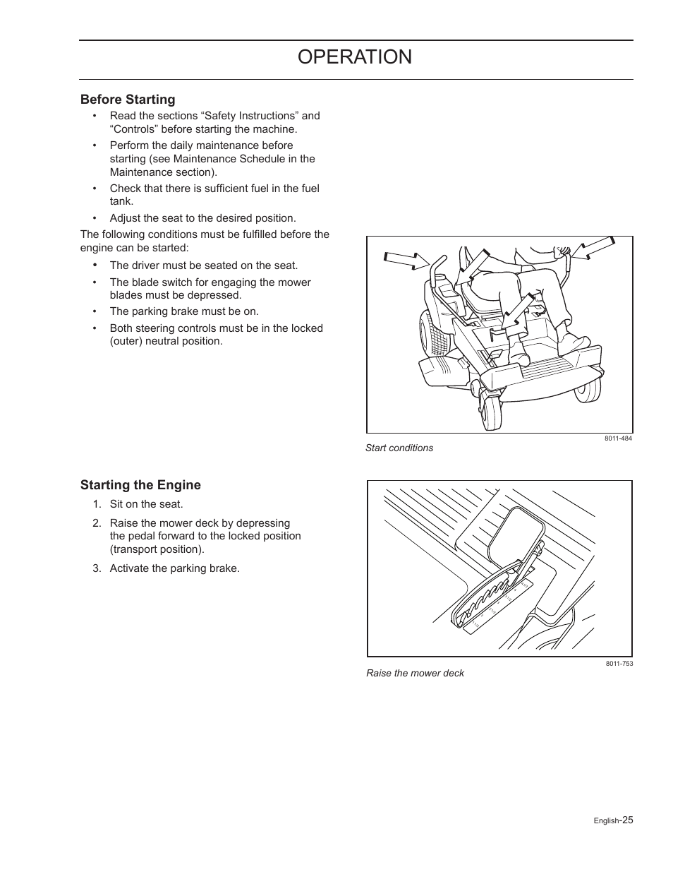 Before starting, Starting the engine, Operation | HTC Z5426 User Manual | Page 25 / 76