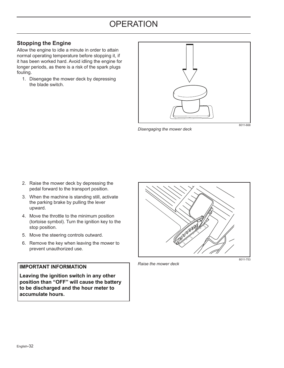 Stopping the engine, Operation | HTC Z5426 User Manual | Page 32 / 76