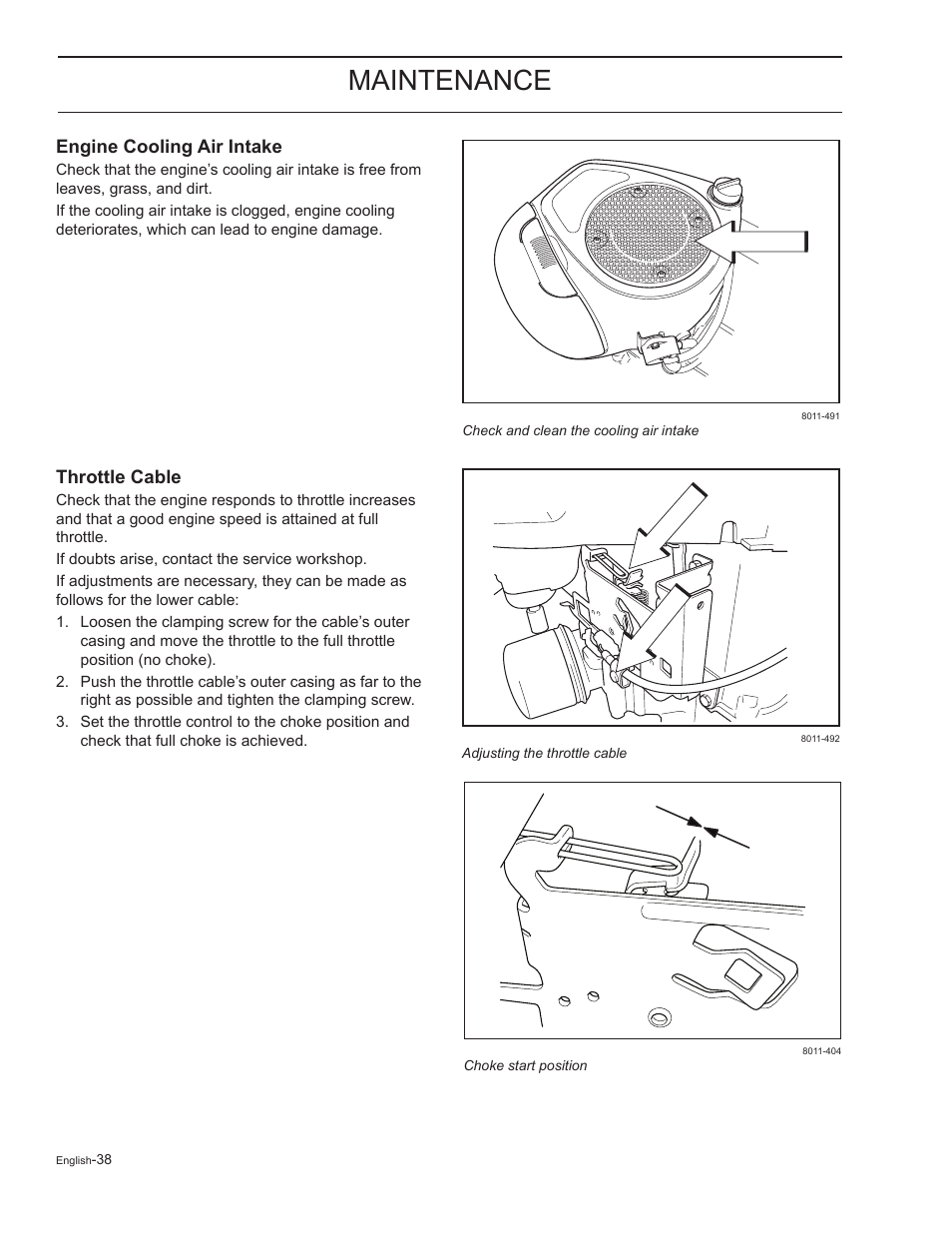 Engine cooling air intake, Throttle cable, Maintenance | HTC Z5426 User Manual | Page 38 / 76