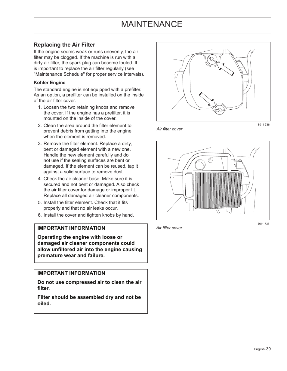 Replacing the air filter, Kohler engine, Maintenance | HTC Z5426 User Manual | Page 39 / 76