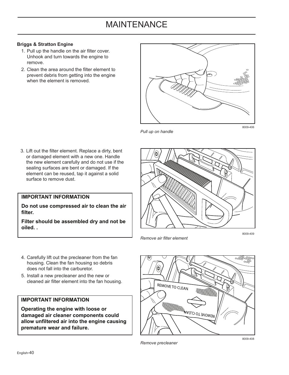 Briggs & stratton engine, Maintenance | HTC Z5426 User Manual | Page 40 / 76