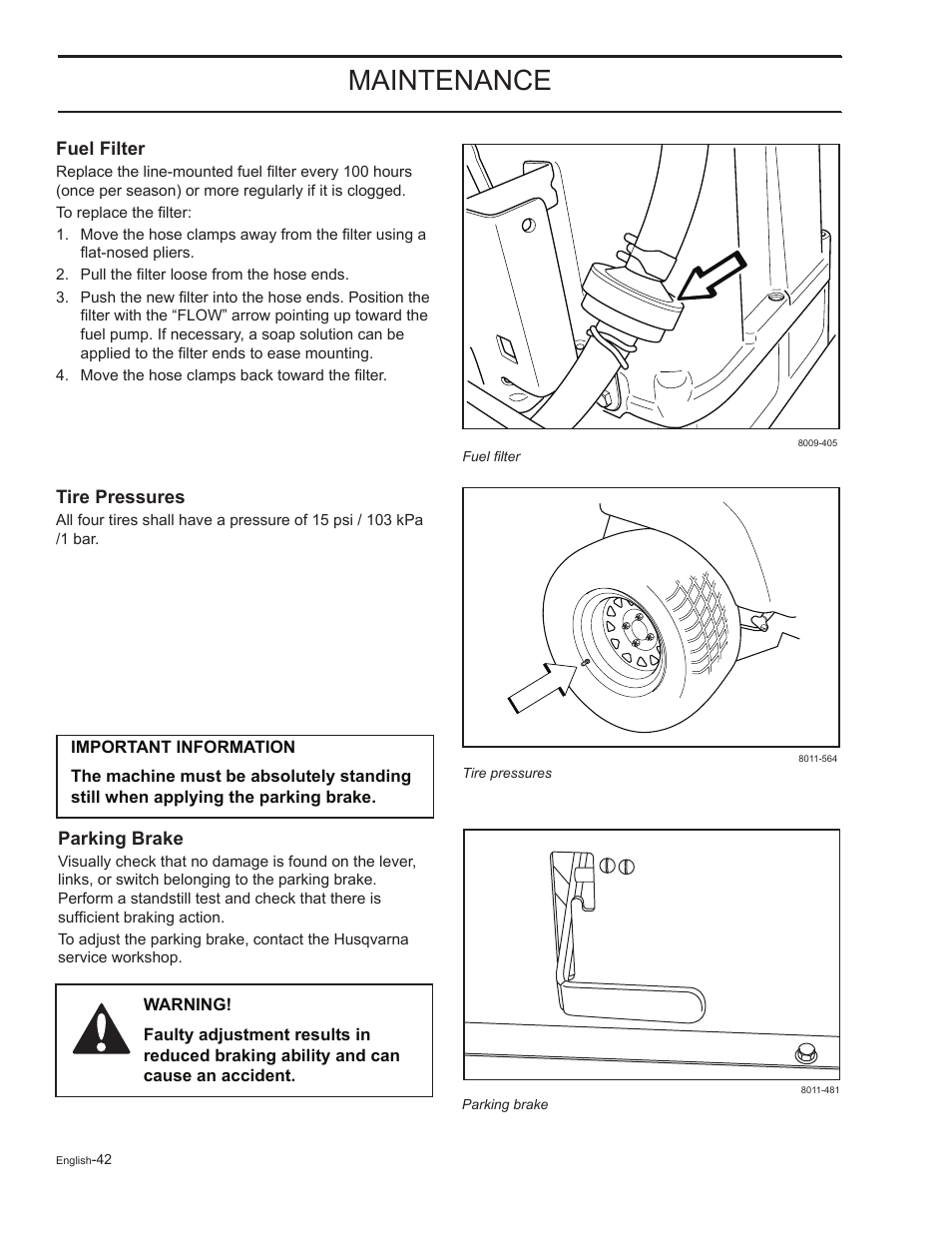 Fuel filter, Parking brake, Maintenance | HTC Z5426 User Manual | Page 42 / 76