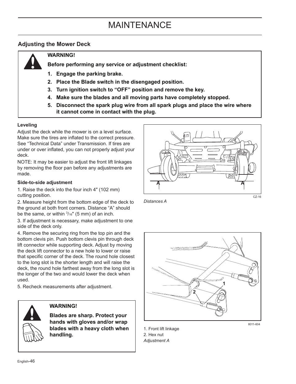 Adjusting the mower deck, Leveling, Maintenance | HTC Z5426 User Manual | Page 46 / 76