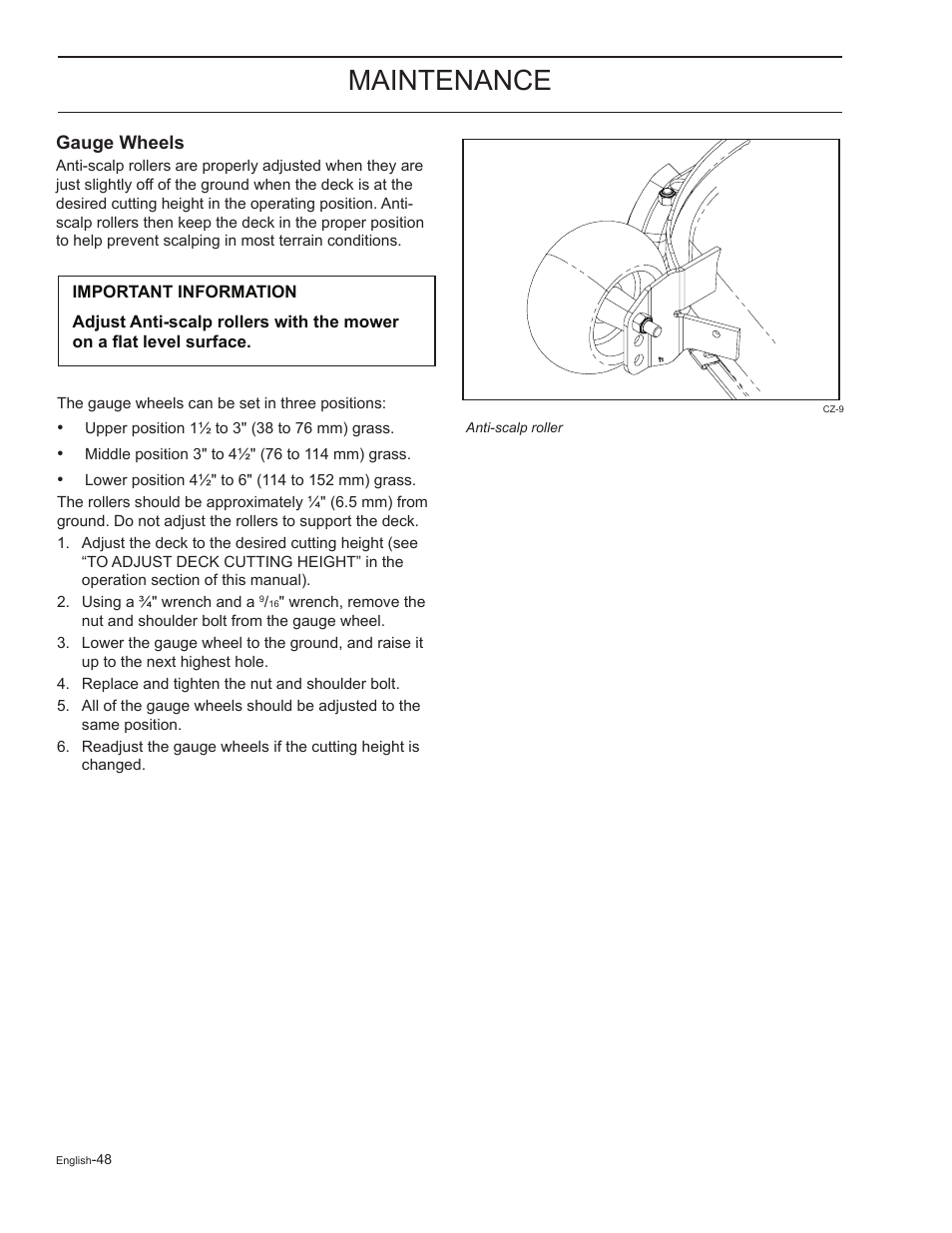 Gauge wheels, Maintenance | HTC Z5426 User Manual | Page 48 / 76