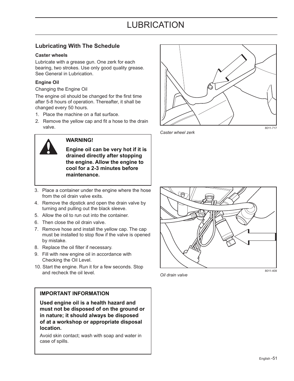 Caster wheels, Engine oil, Lubrication | HTC Z5426 User Manual | Page 51 / 76