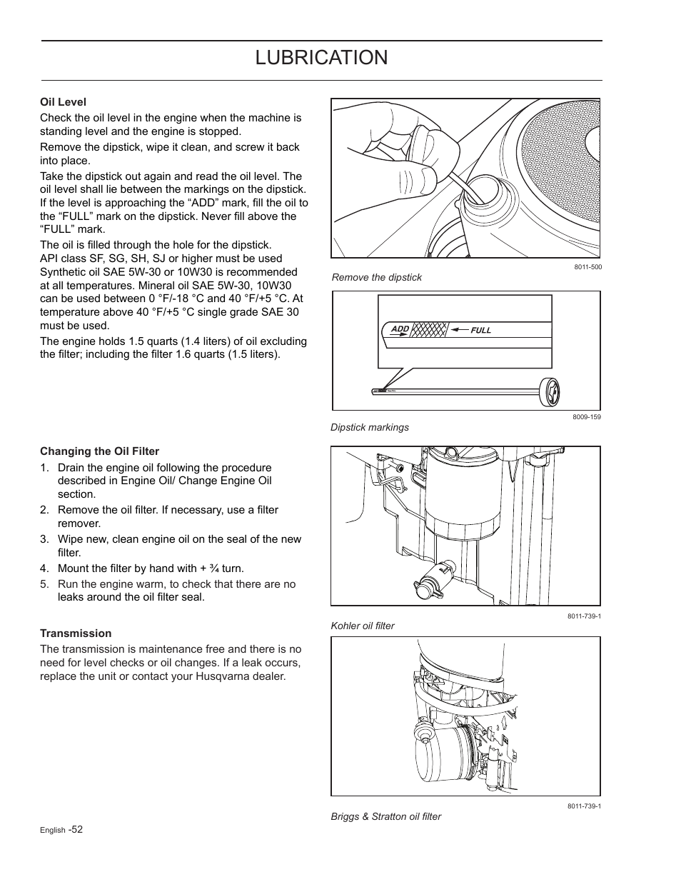 Oil level, Changing the oil filter, Transmission | Lubrication | HTC Z5426 User Manual | Page 52 / 76