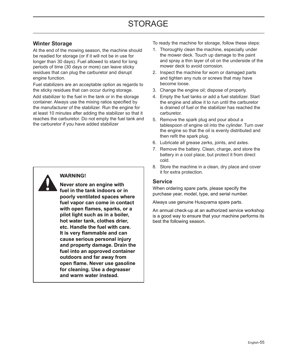 Winter storage, Service, Storage | HTC Z5426 User Manual | Page 55 / 76