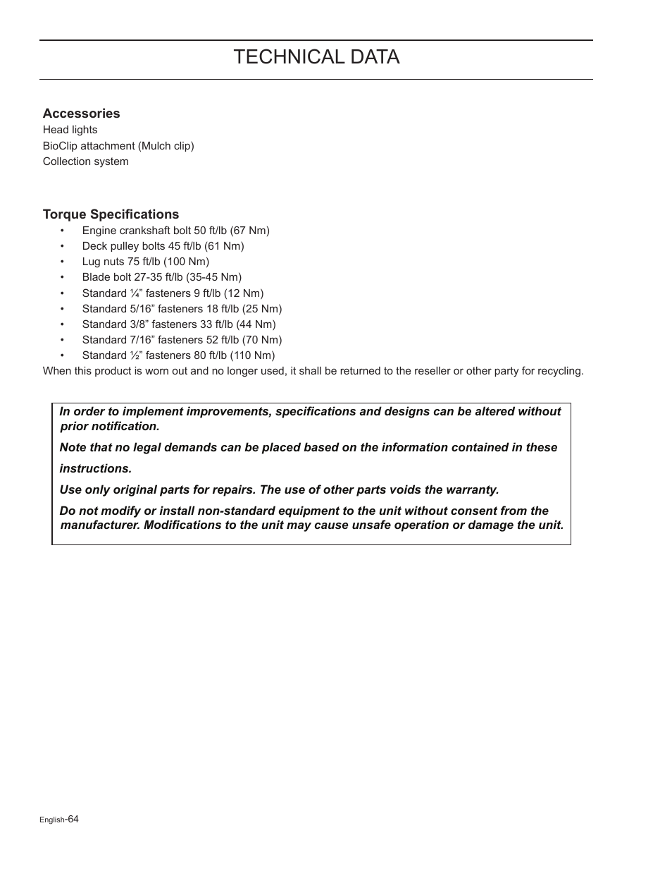 Accessories, Torque specifications, Technical data | HTC Z5426 User Manual | Page 64 / 76