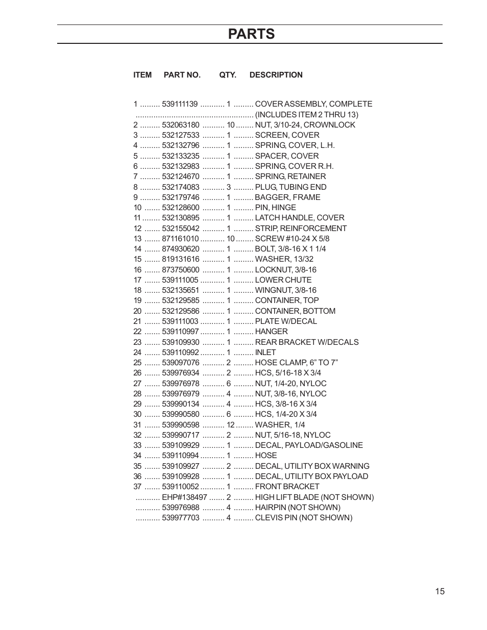 Parts list, Parts | HTC 110163 / CZ38 User Manual | Page 15 / 16