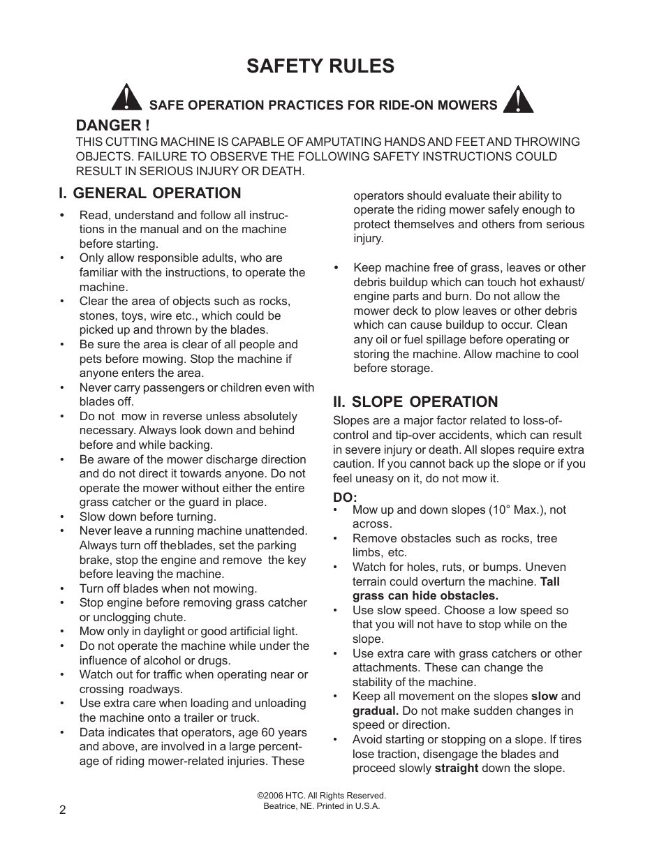 Safety rules, Danger, I. general operation | Ii. slope operation | HTC 110163 / CZ38 User Manual | Page 2 / 16