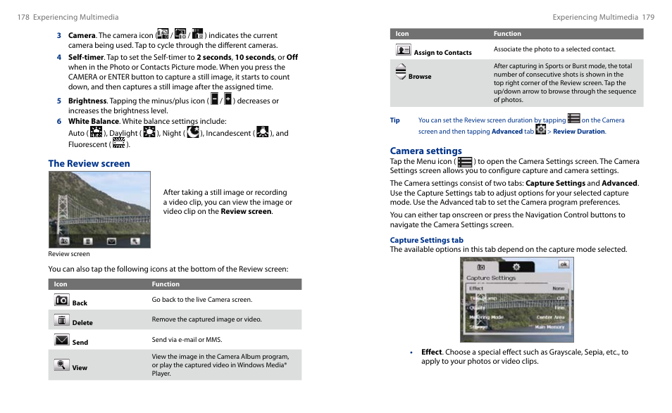 Camera settings, The review screen | HTC Touch HS S00 User Manual | Page 101 / 135